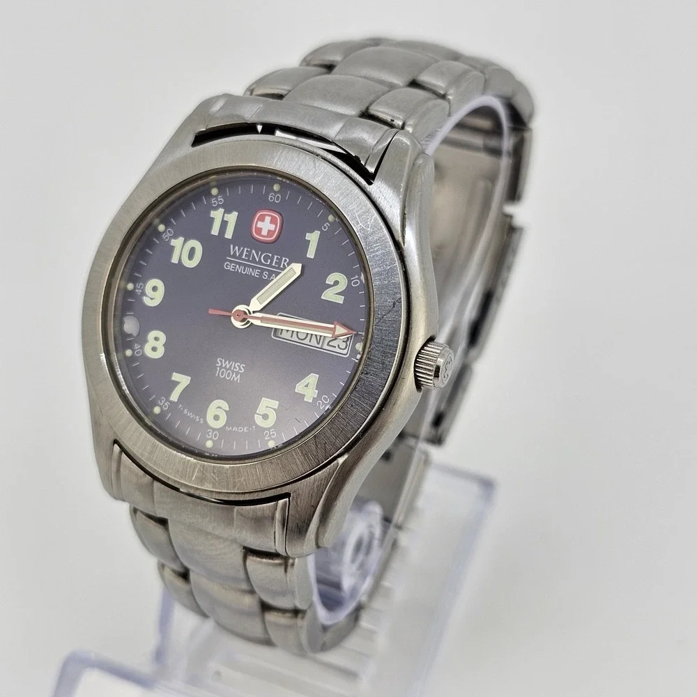 Wenger SKA Watch Men 38MM Blue Dial Day Date Gray Band 6